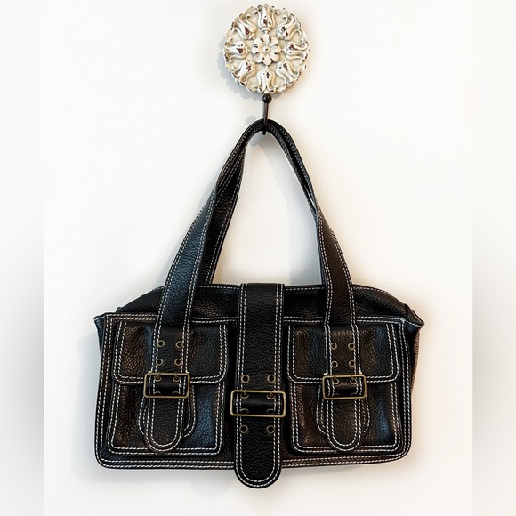 Cynthia Rowley black leather shoulder bag topstitch brass hardware zipper purse - Picture 9 of 9